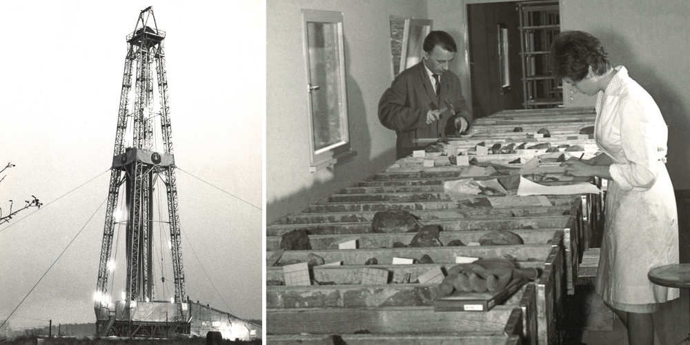 Foto links: Bohrturm der Bohrung Münsterland 1; Foto rechts: eine Mitarbeiterin und ein Mitarbeiter bei der geologischen Erfassung und Beschreibung der Bohrkerne 