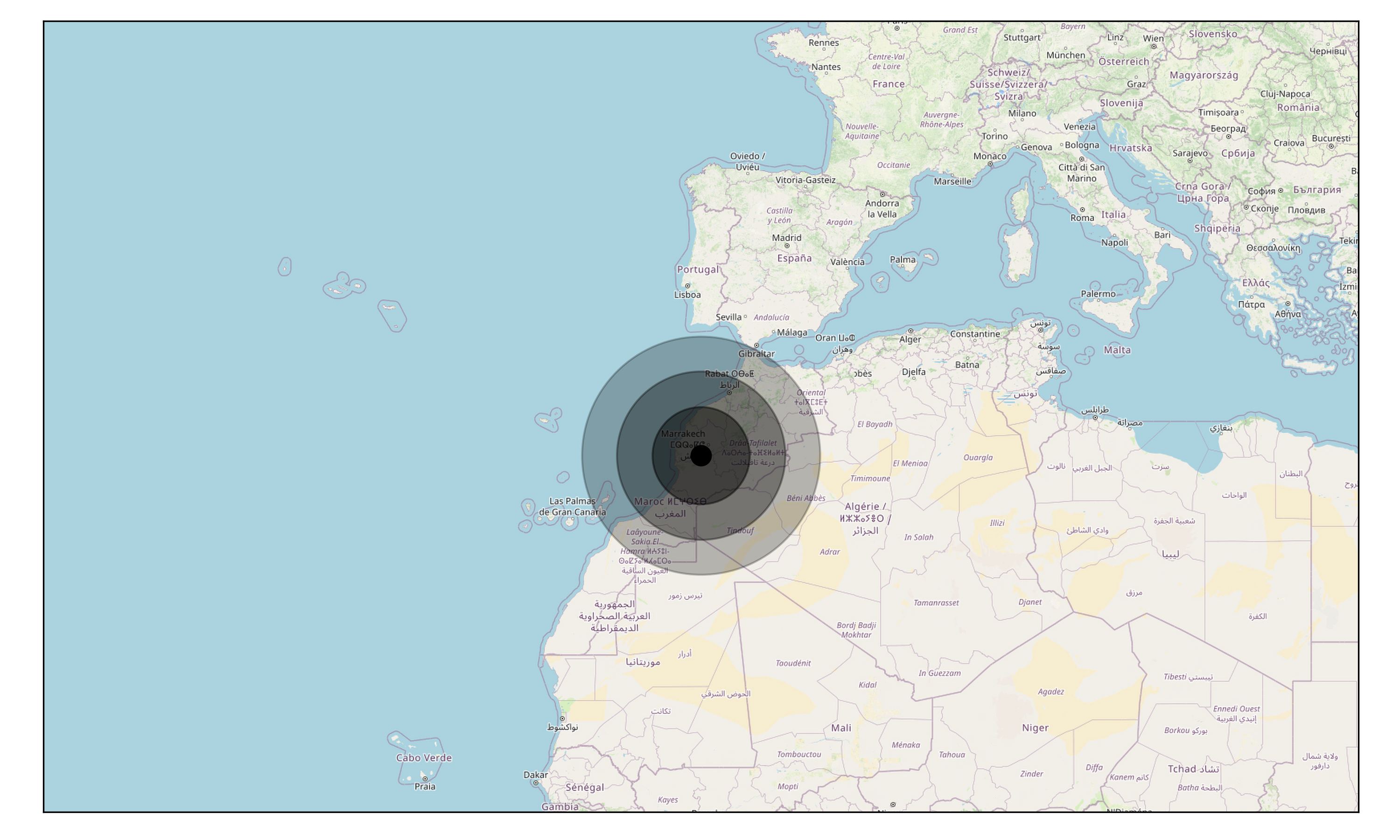 Epizentrum des Erdbebebens in Marokko (Kartenquelle: OpenStreetMap)