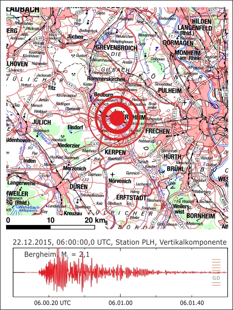Epizentrum des Erdstoßes und Seismogramm an der Station PLH (Pulheim)