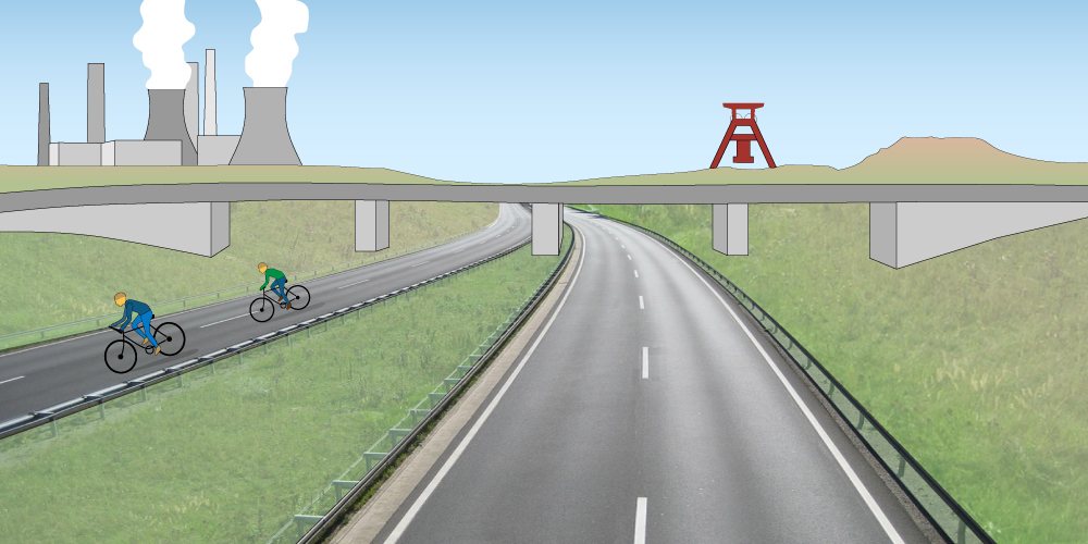 Grafik: zwei Radfahrer auf einer autofreien Autobahn im Ruhrgebiet