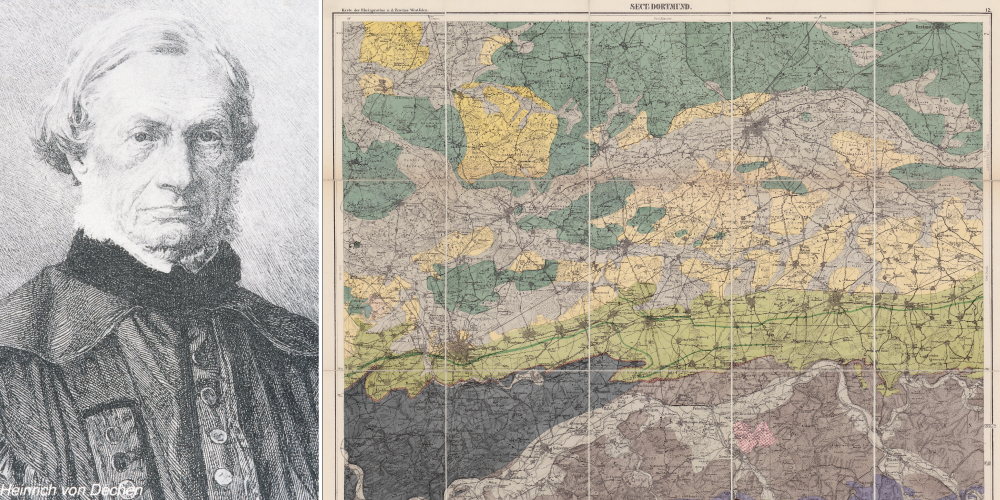 Grafik: die Geologische Karte der Rheinprovinz und der Provinz Westphalen, sowie einiger angrenzenden Gegenden; daneben ein Bild von Heinrich von Dechen