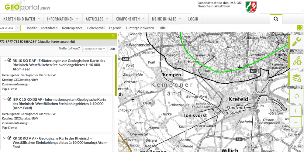 Grafik: Ausschnitt aus dem GEOportal NRW mit der Karte des Rheinisch-Westfälischen Steinkohlengebietes 1 : 10 000 als Webdienst 