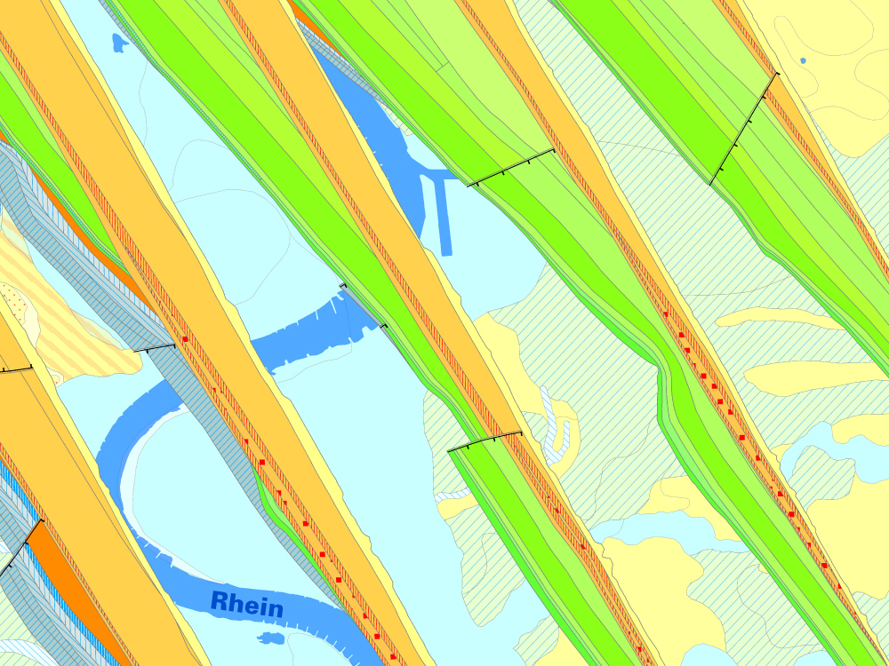 Grafik: Ausschnitt aus dem Informationssystem Geologische Karte von Nordrhein-Westfalen 1 : 50 000 mit Verbreitung der geologischen Schichten an der Oberfläche sowie fünf geologischen Schnitten im Raum Duisburg