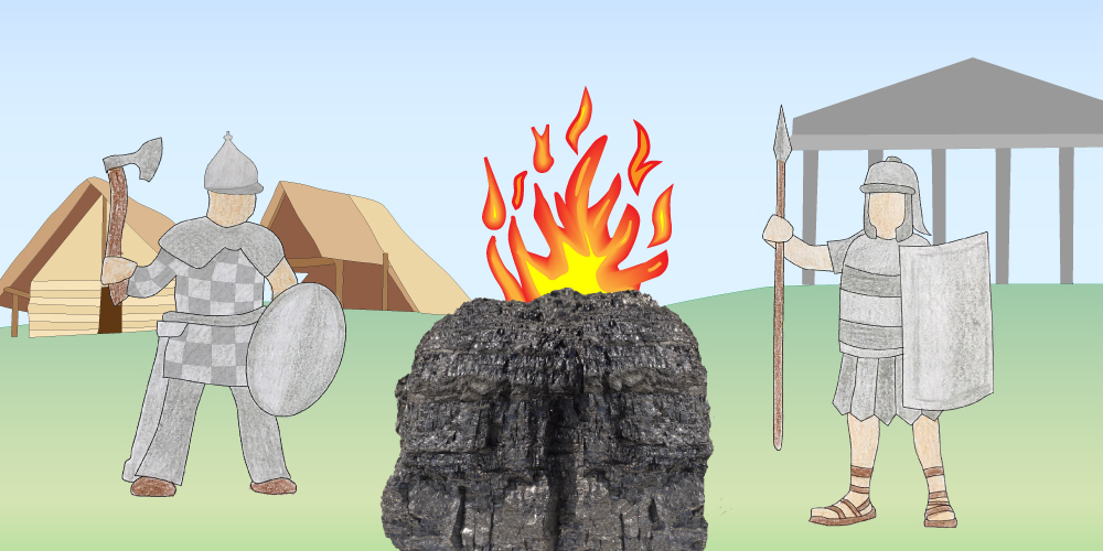 Grafik: Vor einem Stück brennender Kohle stehen ein Römer (rechts) und ein Kelte (links).