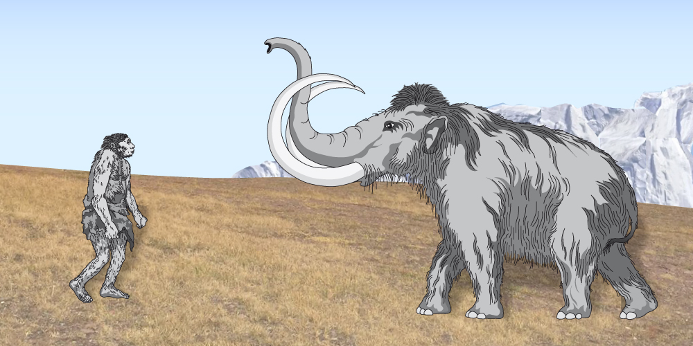 Grafik: Steinzeitmensch und Mammut in der eiszeitlichen Steppe