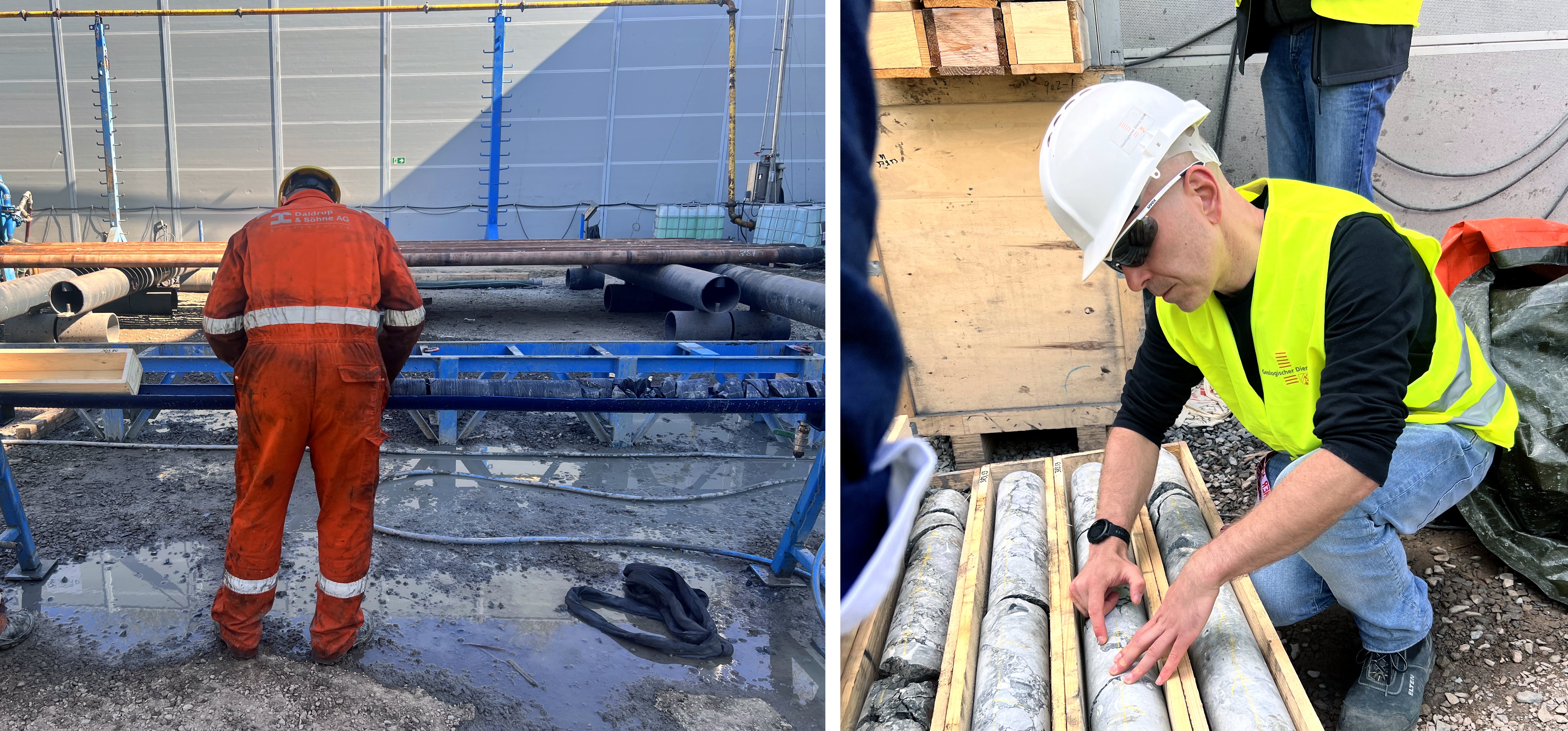 Links: Ein Mitarbeiter vom Bohrteam beim Einräumen der gezogenen Bohrkerne in die beschrifteten Bohrkern-Kisten, rechts: Geologe Sören bei der Untersuchung der Bohrkerne