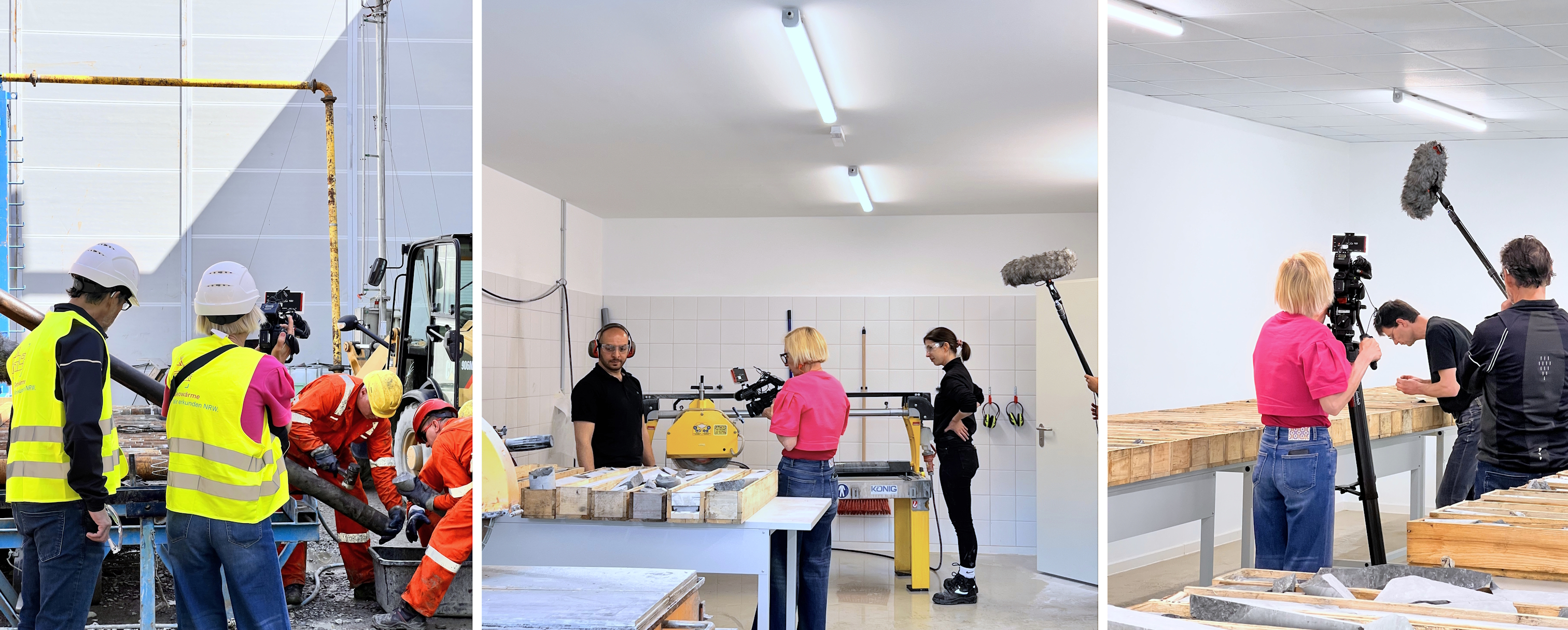 Links: WDR-Team beim Dreh auf dem Bohrplatz, Mitte: Susanna und Nawras mit Kamerateam im Sägeraum, rechts: Aufnahmen im Probenbearbeitungsraum