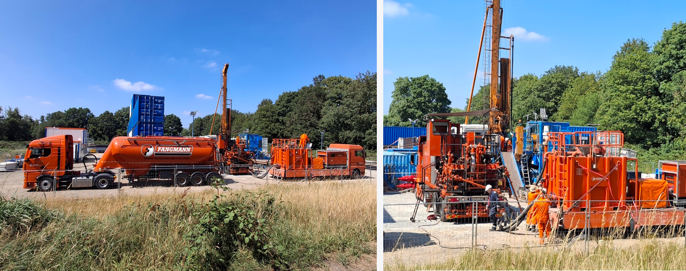 Rote Lkw vor dem Bohrgerät