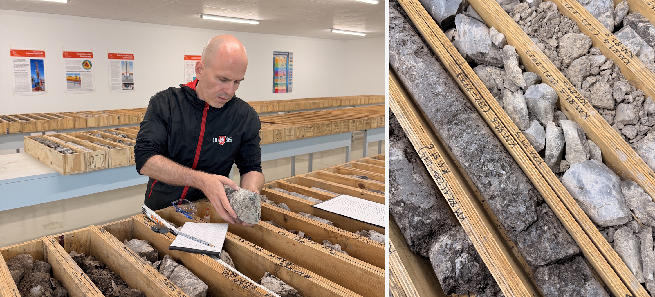 Geologe Sören im Probenbearbeitungsraum bei der Aufnahme der Bohrkerne aus Köln-Dellbrück