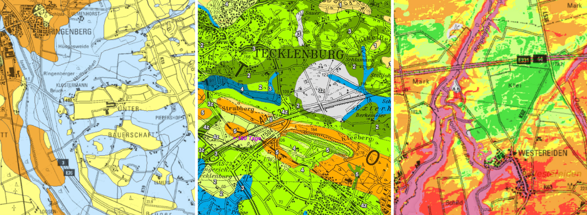 Ausschnitte aus der Bodenkarte von Nordrhein-Westfalen 1 : 50.000, der Forstlichen Standortkarte und der Erosionsgefährdung der Böden (v.l.)