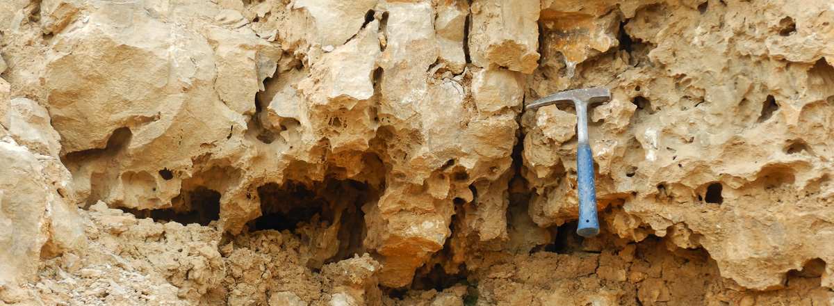 Verkarsteter und dolomitisierter Kalkstein der unterkarbonischen Kohlenkalk-Gruppe bei Eschweiler-Hastenrath