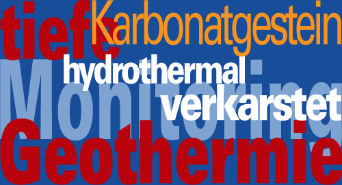 Grafik zeigt Begriffe tiefe Geothermie, Karbonatgestein, hydrothermal, verkarstet, Monitoring