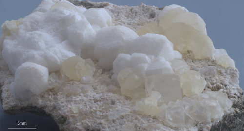 Kluftminerale Prehnit und Analcim im Diabas aus dem Steinbruch Clemensberg bei Winterberg; Foto: Ulrich Koch