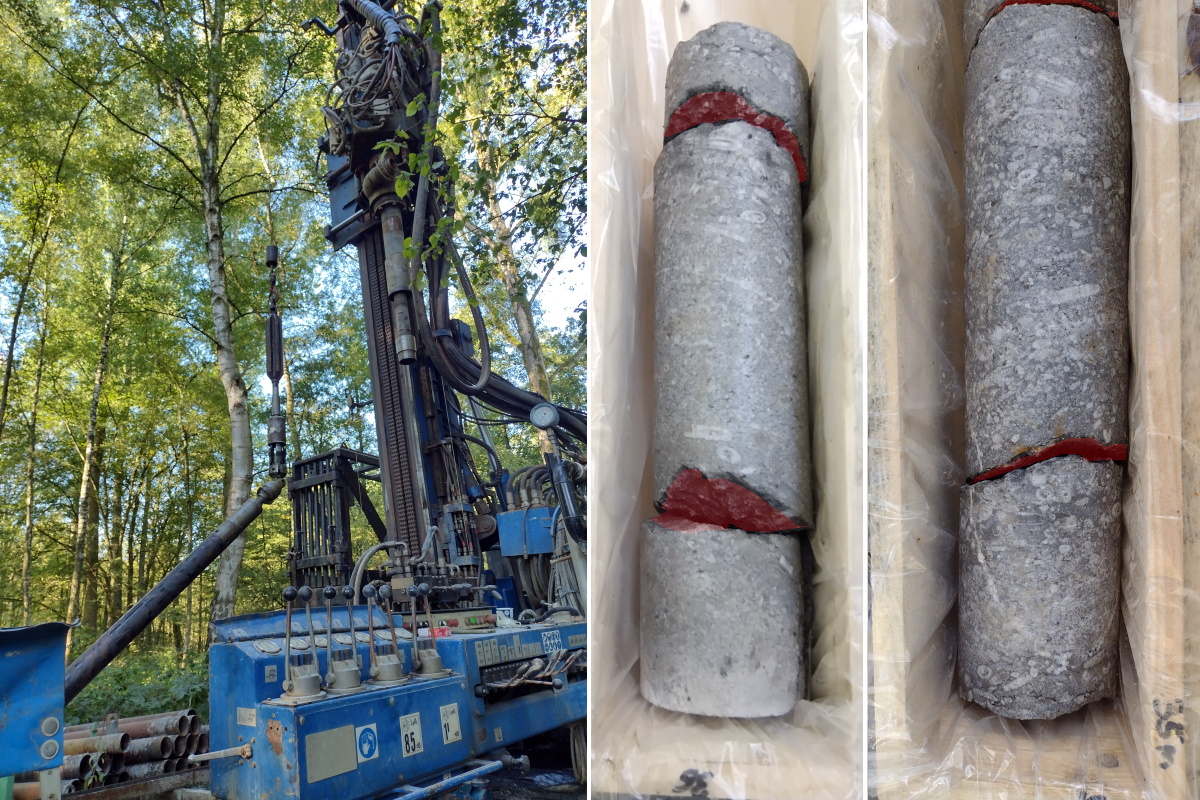 Bohrgerät und Fotos der Bohrkerne mit rot markierten Klüften