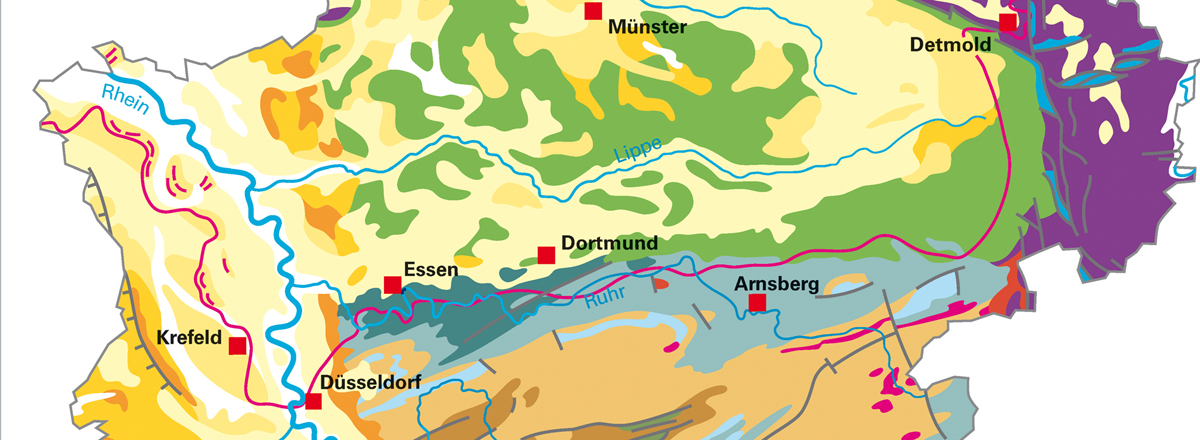 Ausschnitt aus stark generalisierter Karte über die Geologie in Nordrhein-Westfalen