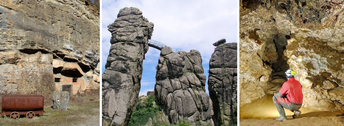 Geotouristische Ziele (v. l.): Eisenerzgrube Kleinenbremen, Externsteine, Kluterthöhle