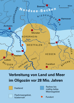 Verbreitung von Land und Meer zur Zeit des Oligozäns, vor 28 Millionen Jahren