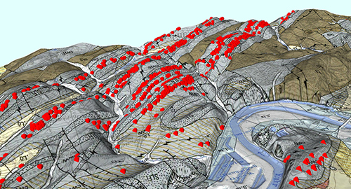 Überhöhte Geologische Karte mit Lokalitäten von Tagesöffnungen