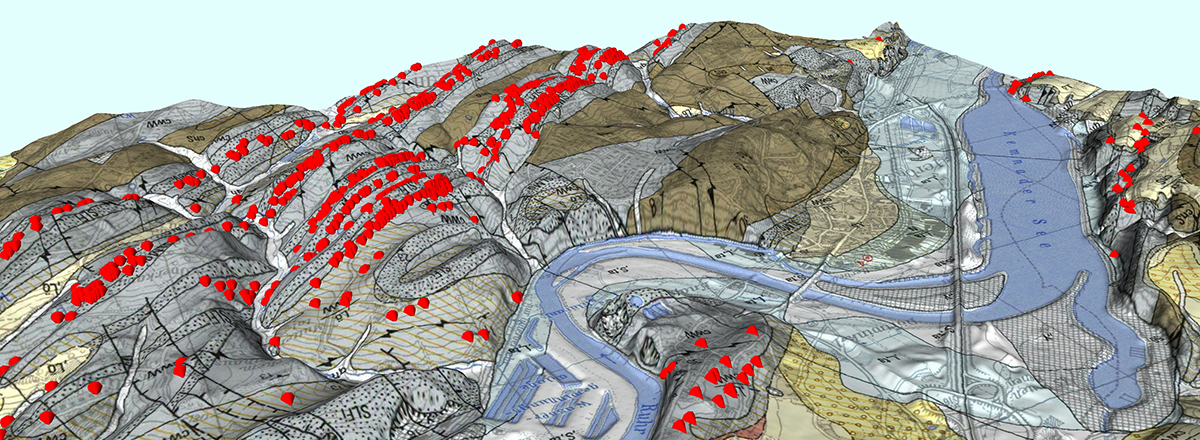 Überhöhte Geologische Karte mit Lokalitäten von Tagesöffnungen der Steinkohlengewinnung