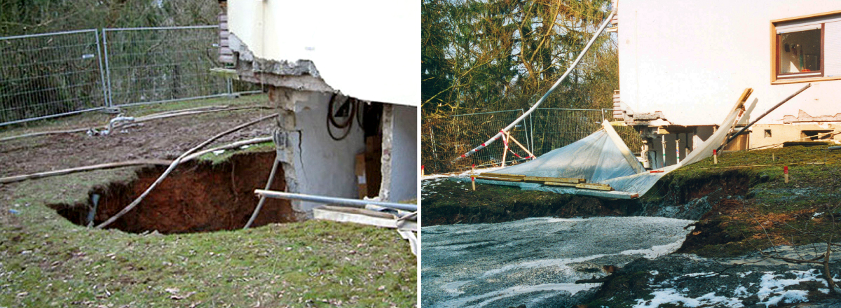 Bergbaubedingter Tagesbruch (links) und dessen Sanierung (rechts)