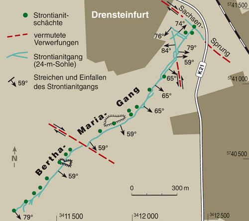 Strontianitgänge und -schächte (Auflösung vergrößern)