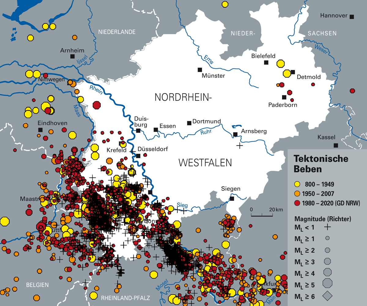 Grafik zeigt die im Erdbebenkatalog erfassten tektonischen Beben seit dem Jahr 800 bis Ende 2020.