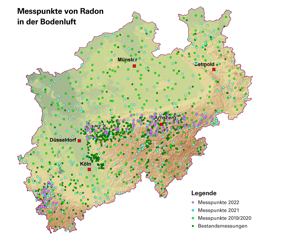 Karte zeigt Messpunkte der Aktivitätskonzentration von Radon in der Bodenluft.