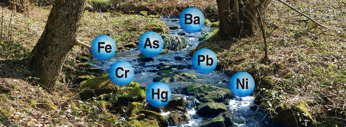 Fotomontage: Gewässer mit Abkürzungen chem. Elemente