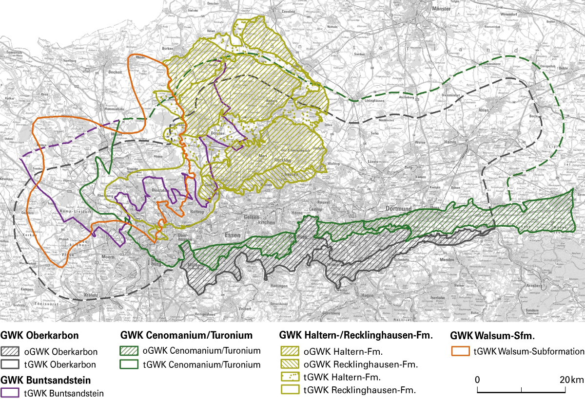 Karte der Grundwasserkörper im Ruhrrevier