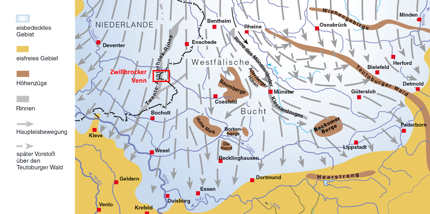 Grafik: Eisvorstoß in der Saale-Kaltzeit vor etwa 200 000 bis 250 000 Jahren mit Lage des heutigen Zwillbrocker Venns