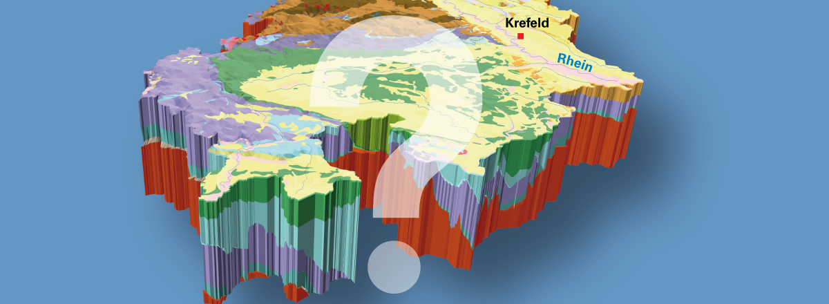 Grafik: Geologisches 3D-Modell von Nordrhein-Westfalen; Blick von Norden nach Süden