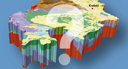 Grafik: Geologisches 3D-Modell von Nordrhein-Westfalen; Blick von Norden nach Süden