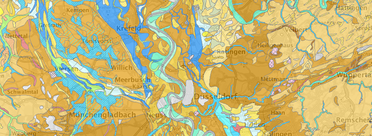 Ausschnitt aus der Bodenkarte Bodenlandschaften und Leitbodengesellschaften von NRW im Maßstab 1 : 200 000