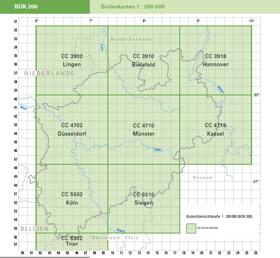 Blattschnitte Bodenkarte von Nordrhein-Westfalen 1 : 200 000