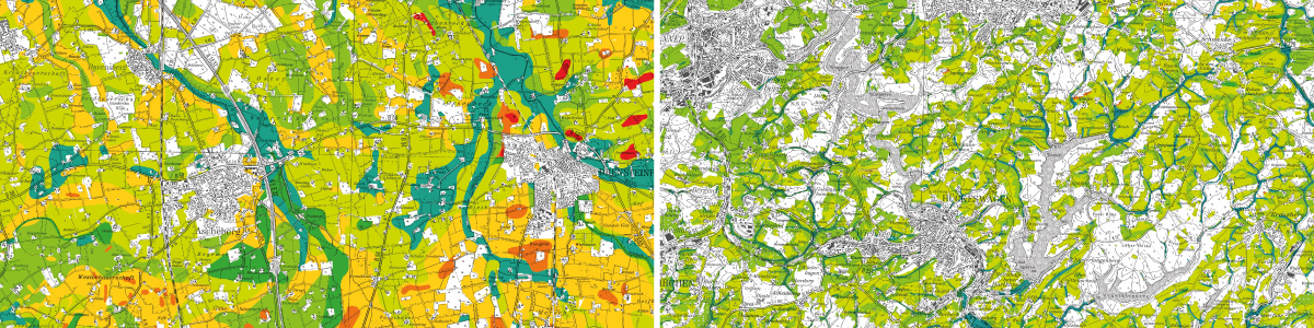 Ausschnitt Standortkarte für landwirtschaftliche Nutzung für Ackerbau und Grünland: Wasserhaushalt und Dürrekarte (v.l.)