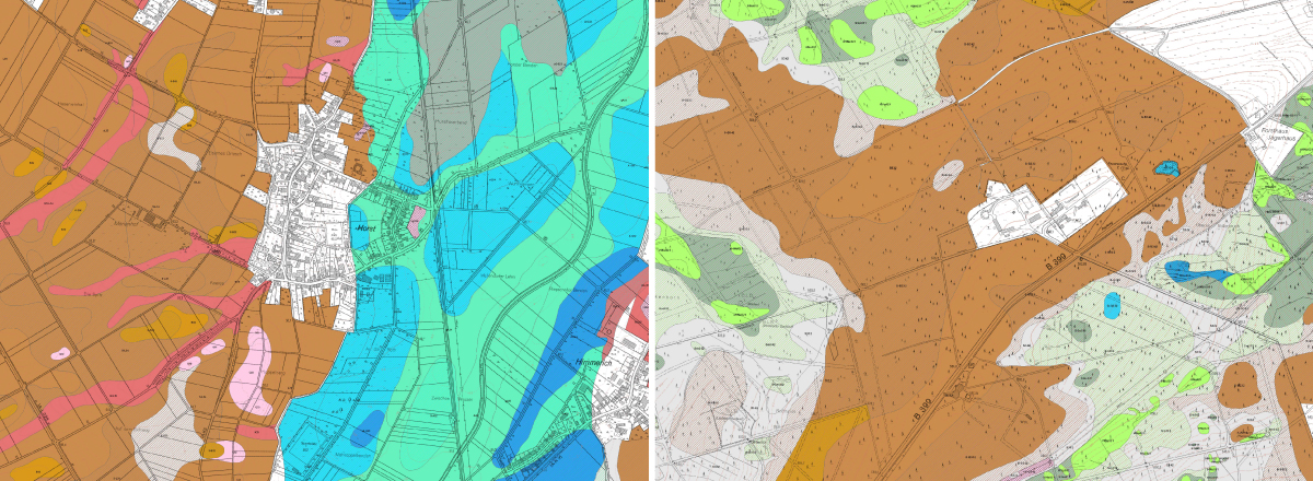 Ausschnitte aus der Bodenkarte von Nordrhein-Westfalen 1 : 5 000, links: Landwirtschaftliche Standorterkundung, rechts: Forstliche Standorterkundung