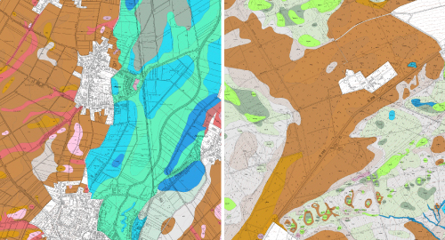 Ausschnitte Bodenkarte von Nordrhein-Westfalen 1 : 5.000, links: Landwirtschaftliche Standorterkundung, rechts: Forstliche Standorterkundung