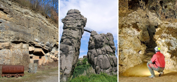 Fotos von geotouristischen Zielen (v.l.): Eisenerzgrube Kleinenbremen, Externsteine, Kluterthöhle