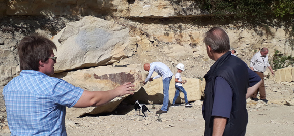 In einem Steinbruch erklärt eine Geologin Teilnehmenden des Aktionstages die dortige Geologie.