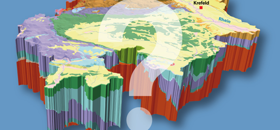 Grafik zeigt geologisches 3D-Modell von Nordrhein-Westfalen; Blick von Norden nach Süden