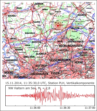 Epizentrum des Erdbebens und Seismogramm an der Station Pulheim (PLH).