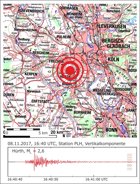 Epizentrum des Erdbebens und Seismogramm an der Station PLH (Pulheim)