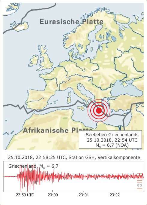 Epizentrum des Erdbebens und Seismogramm an der Station Großhau (GSH).