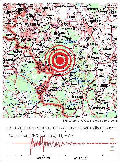 Epizentrum des Erdbebens und Seismogramm an der Station Großhau (Hürtgenwald, GSH)