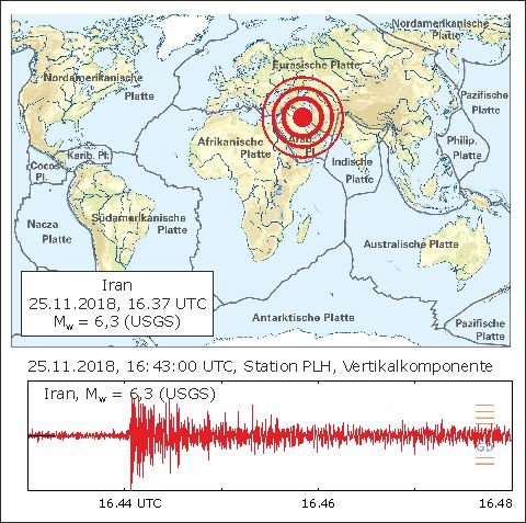 Epizentren der Erdbeben und Seismogramm an der Station Pulheim (PLH)