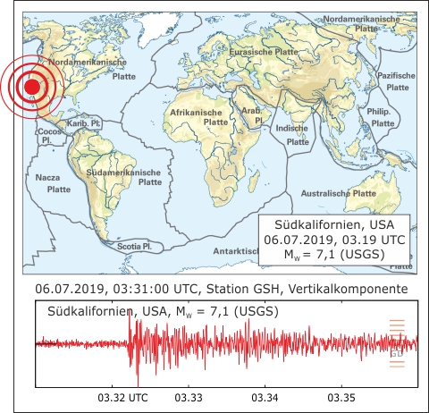 Epizentrum des Erdbebens und Seismogramm (Ersteinsatz) an der Station Großhau (GSH)