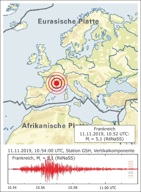 Epizentrum des Erdbebens und Seismogramm an der Station Großhau (GSH)