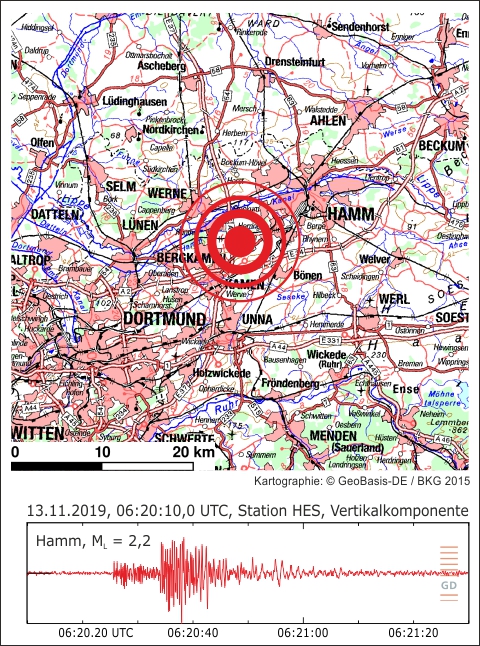 Epizentrum des Erdstoßes und Seismogramm an der Station Hespertal (HES)