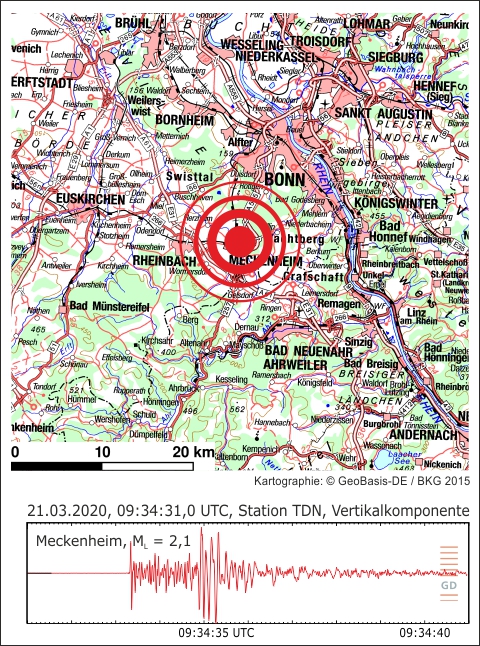 Epizentrum des Erdbebens und Seismogramm an der Station Todenfeld (TDN)