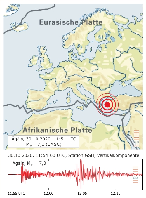 Lage des Epizentrum des Erdbebens und Seismogramm an der Station GSH (Hürtgenwald-Großhau)